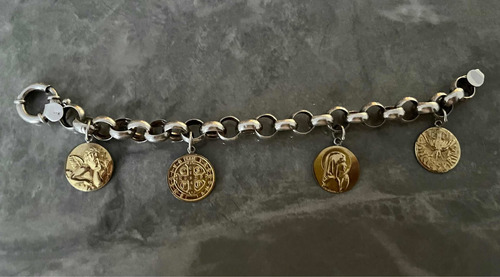 Pulsera Rolo Plata Y Medallas En Oro