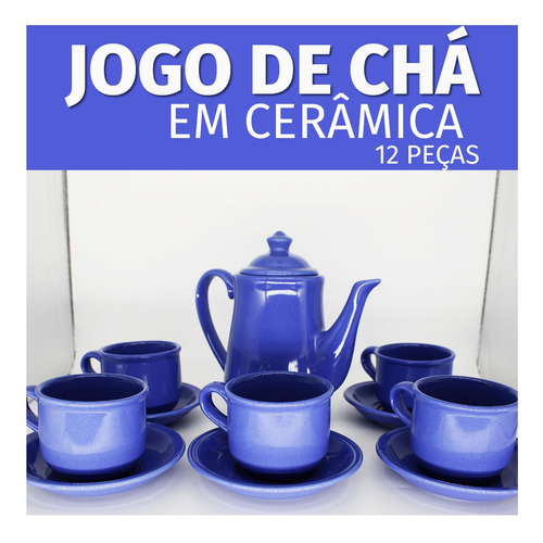 Imagem 4 de 7 de Jogo De Cha Em Ceramica Azul Cafe 12pçs Com Bule Pires