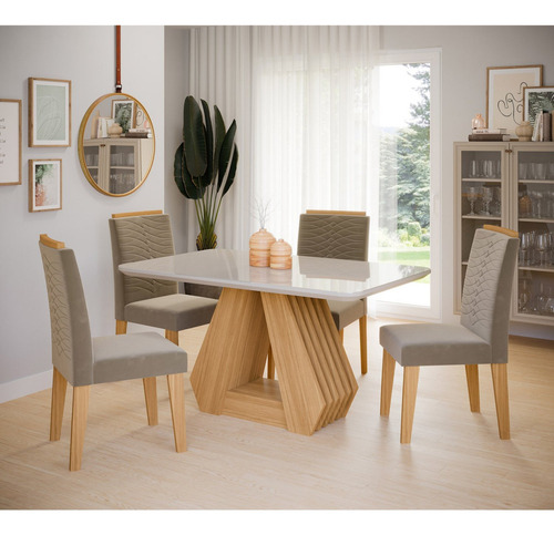 Mesa De Jantar Ágata 130x80cm Tampo Vidro/mdf Com 4 Bcwt