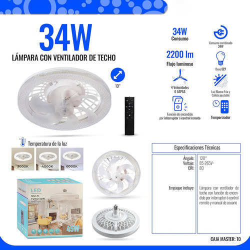 12 Pulgadas Lámpara Con Ventilador Techo 7 Aspas 34w Control Remoto, Ventilador De Techo Genérica W466 Turbo Con 5 Palas De Plástico Color Blanco 50cm De Diámetro 127v