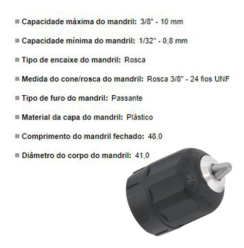Mandril Manual De Aperto Rápido 10mm Rosca 3/8 Pol Vonder