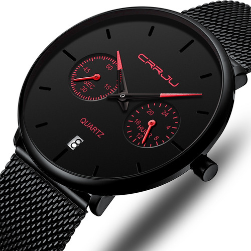 Reloj Cuarzo Hombre Crrju Fechador Moderno casual Negro Rojo