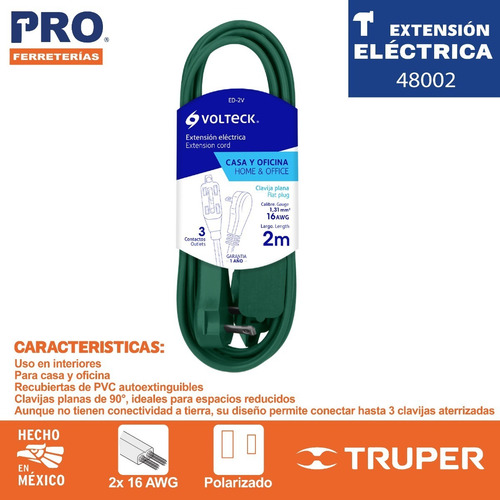 Imagen 2 de 4 de Extensión Eléctrica Doméstica, 2 M, Verde, Volteck 48002