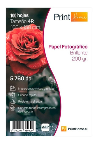 Papel Fotográfico, 10x15, 200gr Brillante 4rx100hj