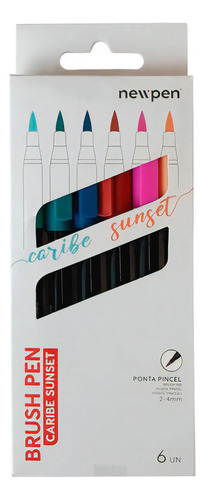 Kit Caneta Brush Pen Newpen - Caribe Sunset Com 6 Cores Cor Preto