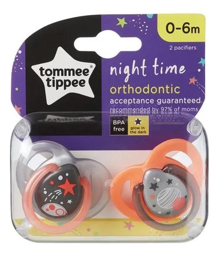 Chupetes Tommee Tippe Night Time, color naranja y gris, de 0 a 6 meses