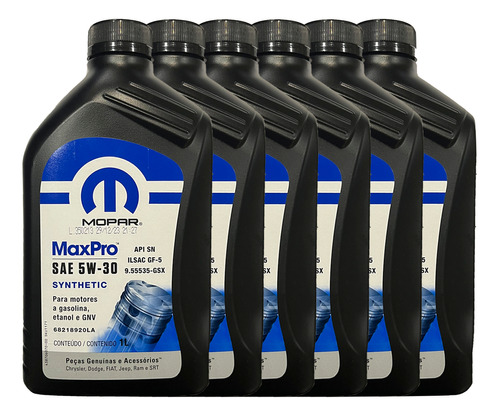 Kit 6 Óleo De Motor Mopar Maxpro 5w30 Sintético Api Sn