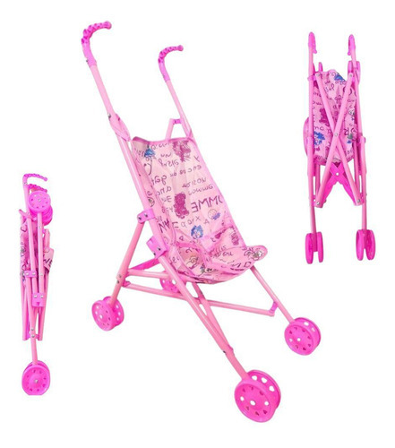 Carrinho Rosa De Passeio Para Bonecas Brinquedo Dobrável