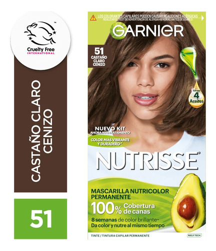 Kit De Tintura Permanente Nutrisse De Garnier Tono Tono 51 Castaño Claro Cenizo