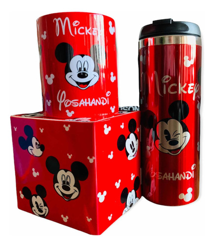 Termo+taza Mickey Mouse Rojo Plata Personalizado