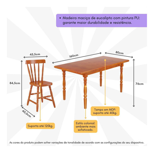 Conjunto Mesa De Jantar 160cm/6 Cadeiras Multimóveis Cr50085 Cor Mel