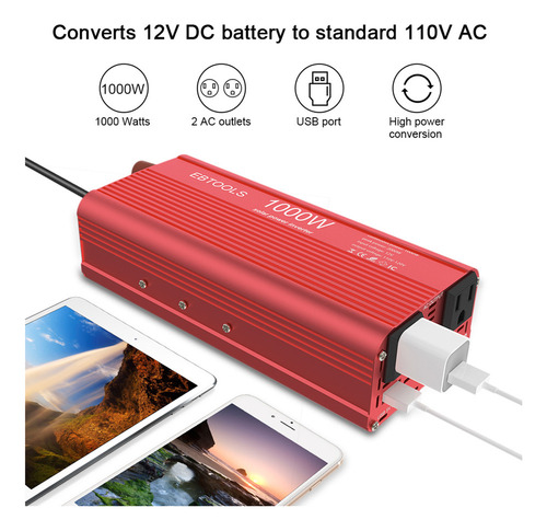 Inversor De Corriente Del Coche Ebtools 1000w/2000w Inversor