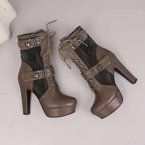 Botas De Malla Con Cordones Para Mujer, Tacones De Plataform