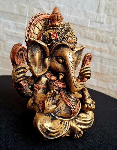 Estátua Ganesha Deus Sabedoria Sorte Resina 20cm ! Cor Ouro Velho / Bronze