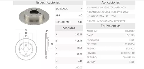 Disco Trasero De Frenos Nissan Tsuru Gsr 2000 93-96