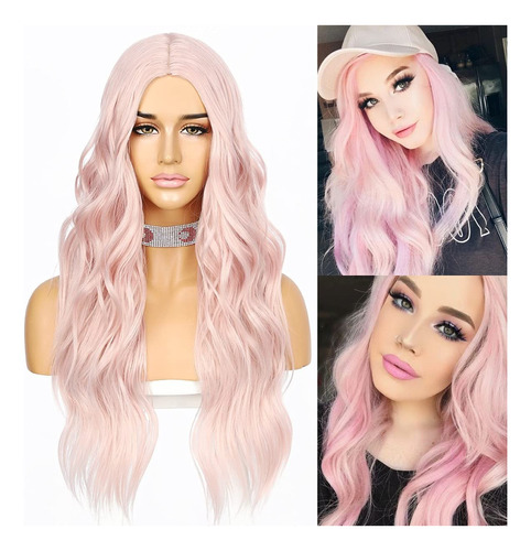 Sapphirewigs Peluca Larga Ondulada Rosa Claro Para Mujer Cos