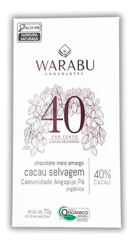 Chocolate Vegano Orgânico Cacau Selvagem 40% Cacau 70g