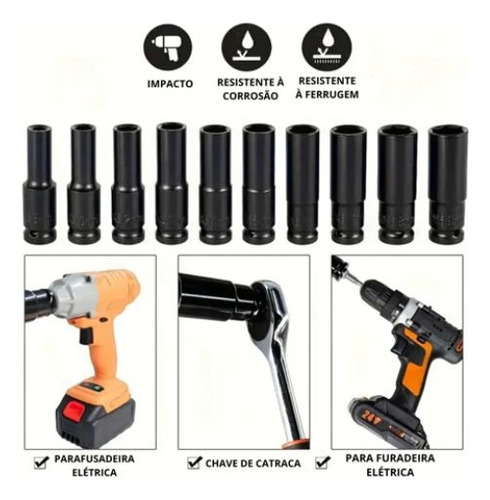 Kit Jogo Soquetes De Impacto 1/2 Pol. Longos Com 10 Peças