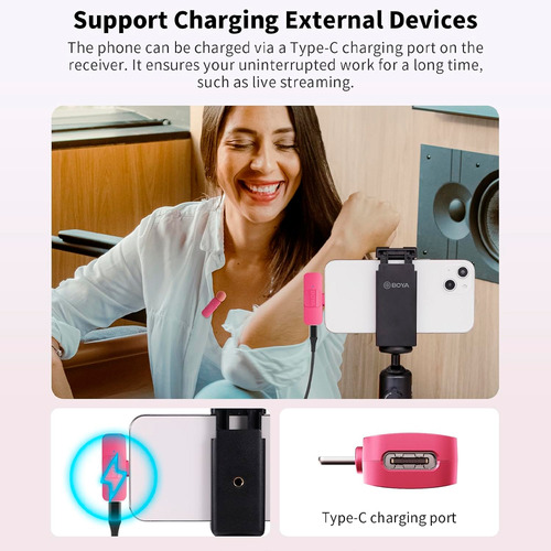 Microfone Lapela Boya By-v10 P/iPhone 15/android Rosa + Bag