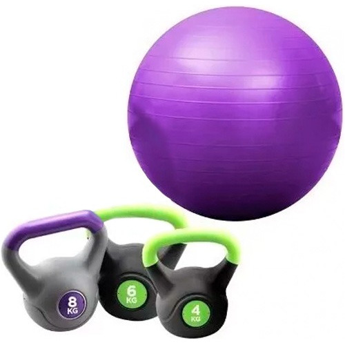 Kettlebell Pesa Rusa 4 + 6 + 8 Kg + Pelota Fitball Bandas