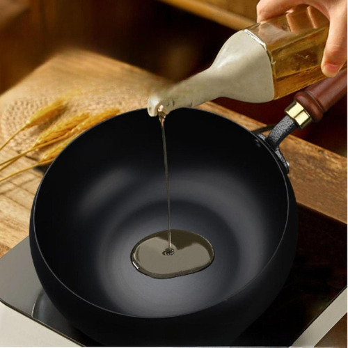 . Olla De Hierro Wok Con Fondo Redondo, Cubierta De Madera