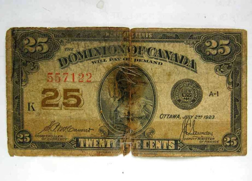 Canadá Año 1923 Antiguo Billete 25 Cents No Común Vea Fotos.