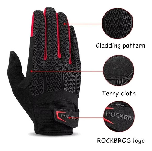 Guantes Rockbros Largos De Invierno Ciclismo Con Pads De Gel Negro Y Rojo Xl