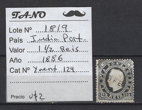 Lote1819 India Portuguesa 1, 1/2 Reis Año 1886 Yvert# 124
