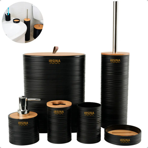 Kit Banheiro Conjunto De Acessórios Moderno Bambu Lixeira Saboneteira Escova Cor Preto Irsina