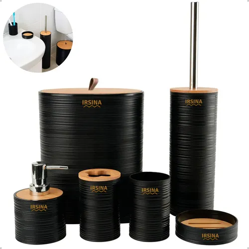 Kit Banheiro Conjunto De Acessórios Moderno Bambu Lixeira Saboneteira Escova Cor Preto Irsina