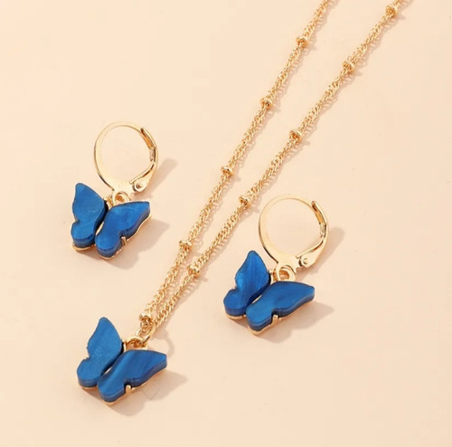 Set Collar Y Aretes Mariposa Azul