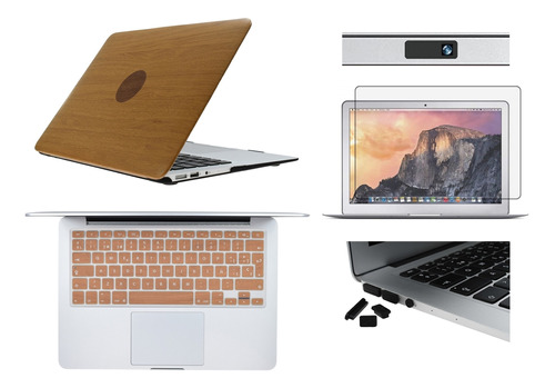 Kit Protección Carcasa Tono Madera Para Macbook 5 En 1