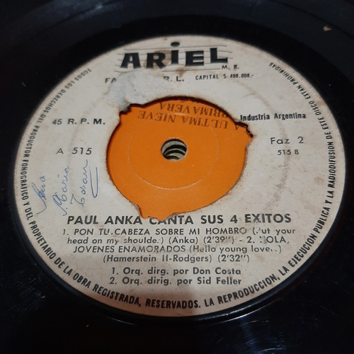 Simple Paul Anka Canta Sus Cuatro Exitos Ariel C27