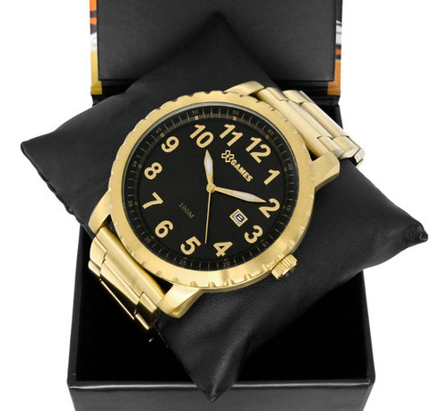Relógio De Pulso Masculino Dourado Esportivo Grande Original Cor Do Fundo Preto