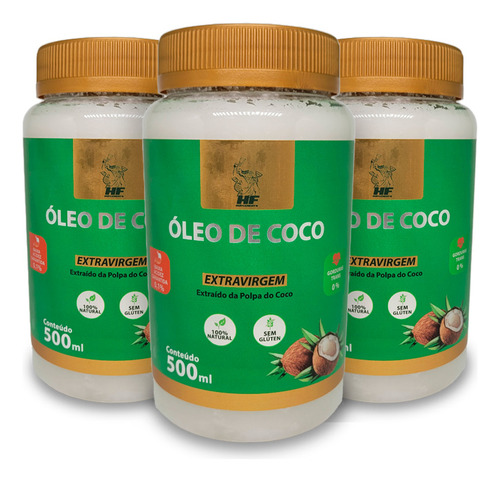 3x Oleo De Coco 500ml Orgân. Extravirgem Hidrata Cabelo Pele