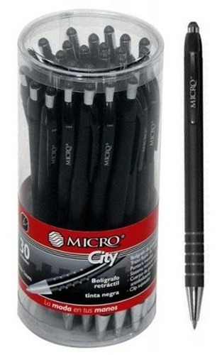 Boligrafo Micro City Cuerpo Goma Retractil Negro X 30 Unidad