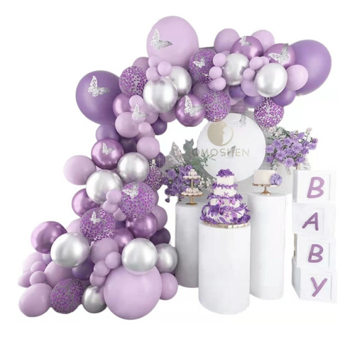 Set Globos Para Arco Morado Confeti Lila Plateado Mariposas