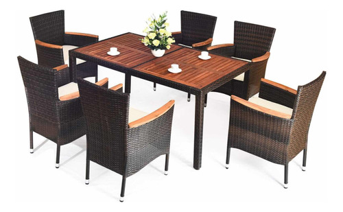 7 Piezas Juego De Muebles Comedor Ratán Madera Exterior