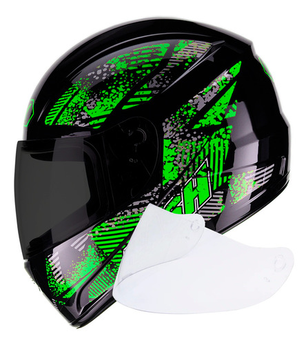 Capacete Fly F9 Flash Preto/verde Fechado+ Viseira Fumê