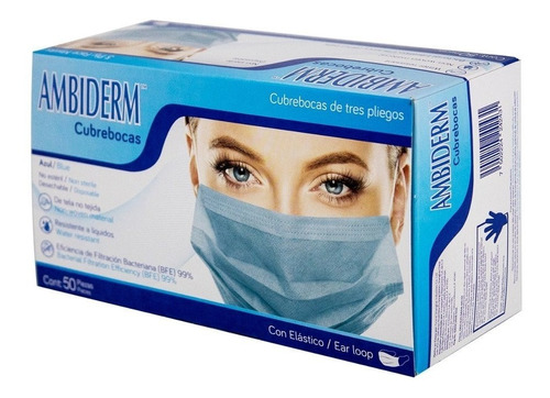 Cubrebocas Ambiderm Plisado Tricapa Azul Caja 50 Pz