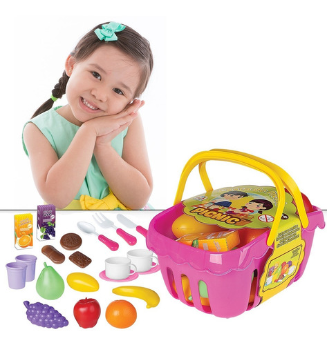 Imagem 1 de 4 de Brinquedo Cesta De Picnic Infantil Educativo Menina Rosa