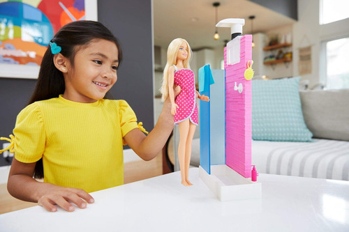 Set De Muñecas Y Muebles Barbie Para Baño Con Ducha Funciona