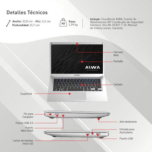 Imagen 5 de 8 de Notebook Cloudbook Aiwa 14.1 Dual Core 128gb 4gb Ram + Funda