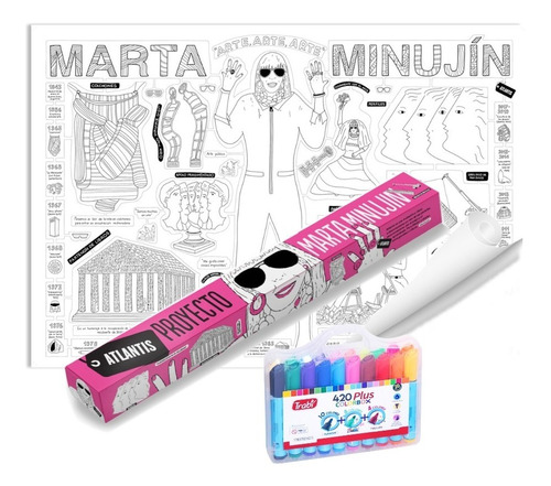 Lámina Para Colorear Marta Minujin + Valija 20 Marcadores 