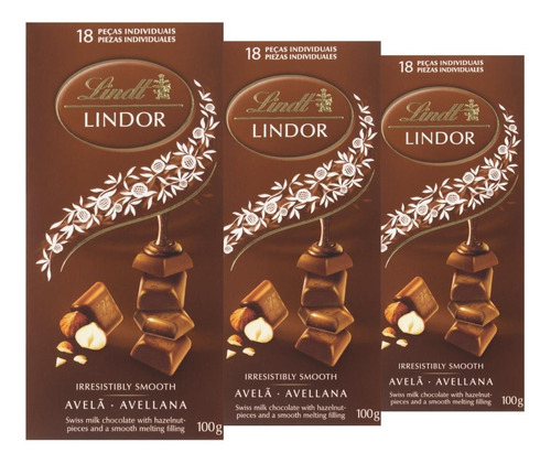 Chocolate Ao Leite Com Avelã, Lindt Lindor, 3 Barras De 100g
