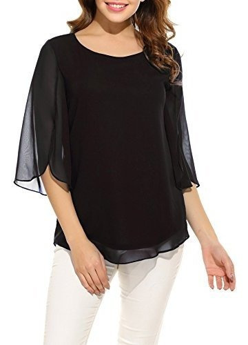 Oyamiki Blusas De Gasa Con Capas Y Cuello Redondo Para Mujer