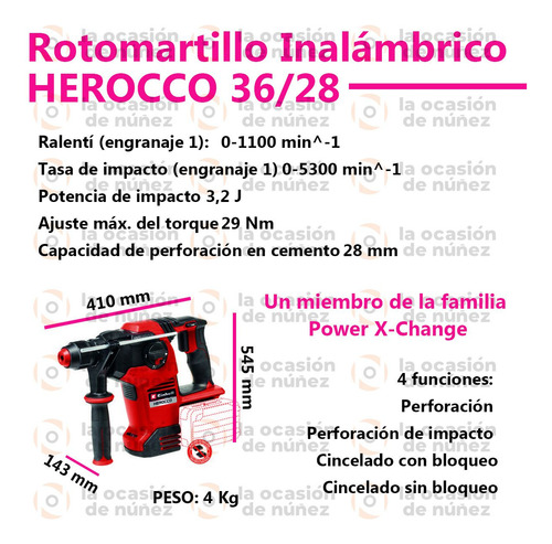 Imagen 2 de 9 de Rotomartillo Inalambrico Einhell Herocco 36/28 Martillo Cinc