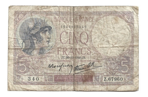 Billete Francia 5 Francos 1940