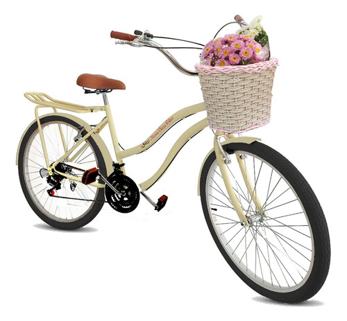 Bicicleta  De Passeio Maria Clara Bikes Passeio Aro 26 17  18v Freios V-brakes Câmbios Yamada Cor Bege/rosa Com Descanso Lateral
