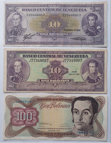 Lote De 3 Billetes Antiguos De Venezuela 10 Y 100 Bolívares.